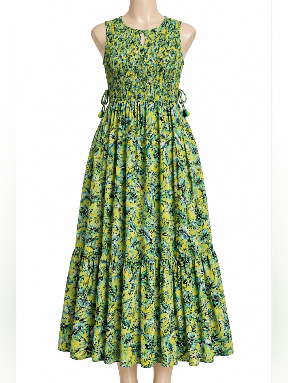 Terra & Sky Lime Green Floral Smocked Maxi Dress